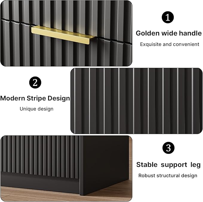 Set of 2 Fluted Nightstand with 2 Drawers, Modern Storage Bedside Table with Golden Metal Handles, Wooden End Table for Bedroom, Black