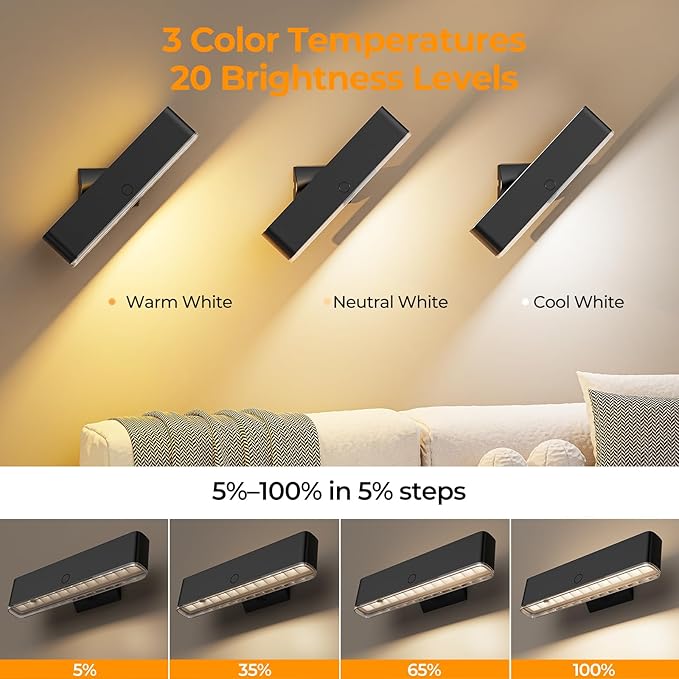 MOITA Magnetic Wireless Battery Operated Wall Sconce, Rechargeable Remote Control & Touch Control Wall Sconce, LED Wall Light for Bedroom, 3 Color Temperatures, 360° Rotatable (Black, 1-Pack)