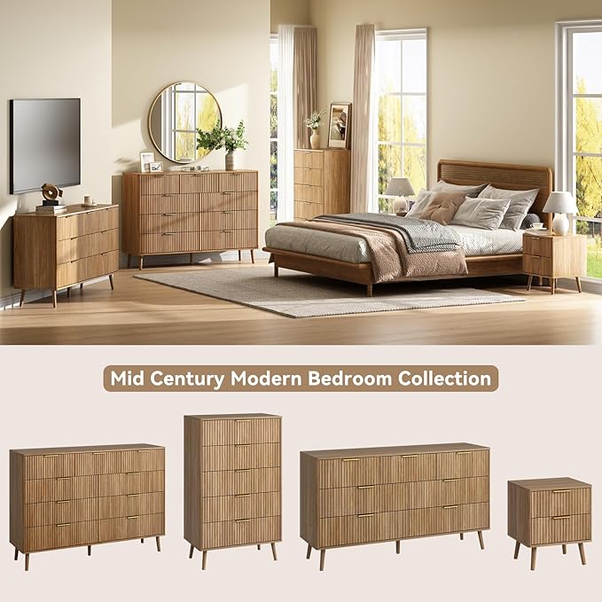 CARPETNAL Fluted 9 Drawer Dresser for Bedroom, 55" Wide Wooden Chest of Drawers with Rounded Corners, Gold Handles, Modern Storage Organizer for Bedroom, Hallway(Walnut)