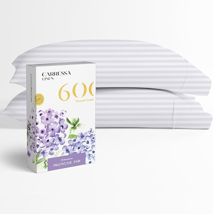 Carressa Linen 100% Egyptian Cotton King Size Pillow Cases Set of 2 - Luxury 600 Thread Count Stripe White King Pillowcases, Soft, Cooling Breathable Sateen Weave Hotel Quality Damask Pillow Cover