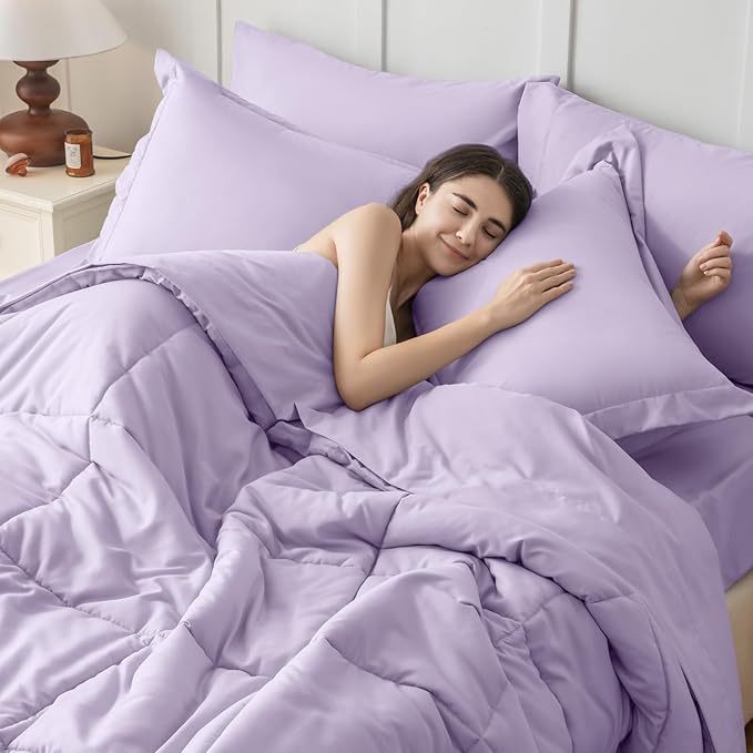 JOLLYVOGUE California King Comforter Set, Ultra-Soft Bed in a Bag Cal King Size 7 Pieces, Oeko-TEX Certified Bedding Set with Down Alternative Comforter, Sheets, Pillowcases & Shams, Lavender