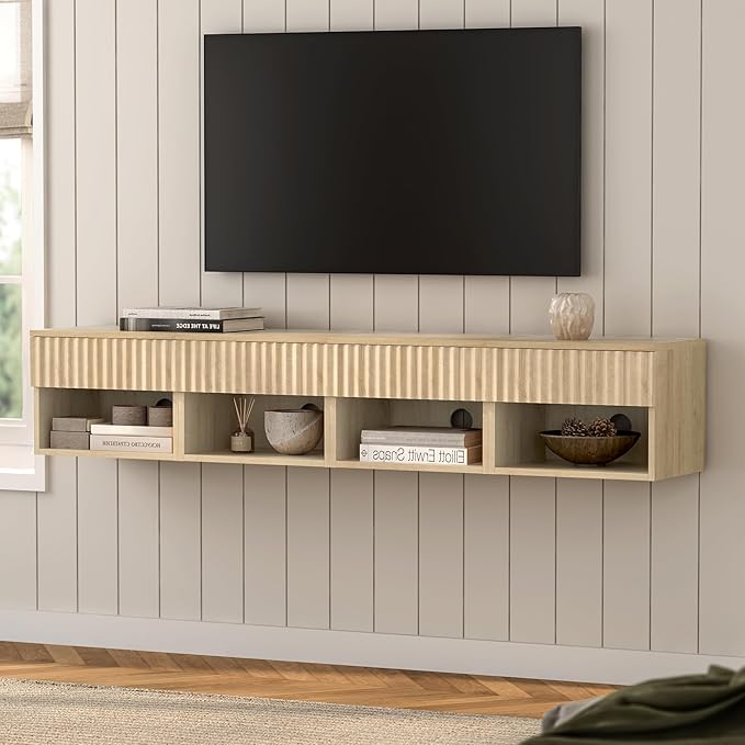 Floating TV Stands Set of 4 with Drawer and Open Shelf, Small Wall Mounted Bedside End Table, Modern Fluted Night Stand for Bedroom, Living Room, Light Oak
