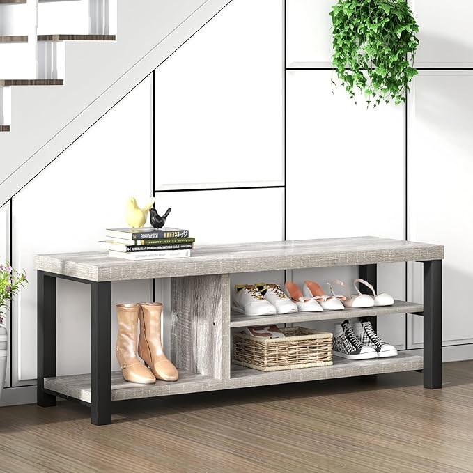 FOLUBAN Storage Bench, Vintage Wood Shoe Bench for Entryway Hallway, Industrial Indoor Shoe Rack Seat for Bedroom, Living Room, Light Grey, 43.3 Inch