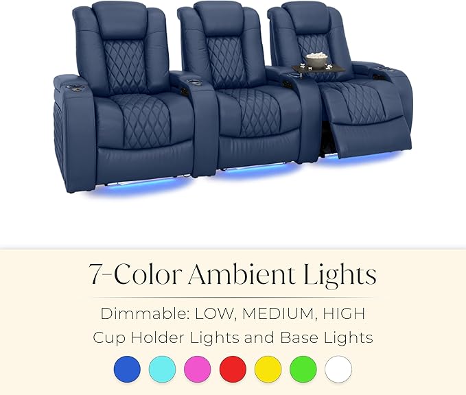 Seatcraft Diamante Zero-Gravity CoolZero Italian Leather Home Theater Seating, Power Headrest, Power Recline, Row of 3 Sofa, Navy Blue