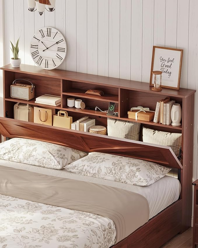 AOGLLATI Twin Bed Frame with 4 Storage Drawers and Charging Station, Farmhouse Wooden Led Twin Bed with Storage Hidden Space Headboard and Metal Slats,Mahogany