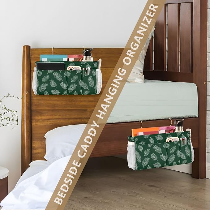 Bedside Caddy Hanging Bunk Bed Caddy Bed Organizer Hanging Pocket with 2 Hooks Bedside Storage Organizer Pocket Bag Holder Green Simple Palm Leaf