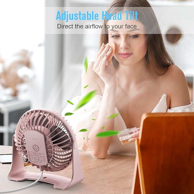 BESKAR USB Small Desk Fan, Portable Fans with 3 Speeds Strong Airflow, Quiet Operation and 360°Rotate, Personal Table Fan for Home,Office, Bedroom - 3.9 ft Cord
