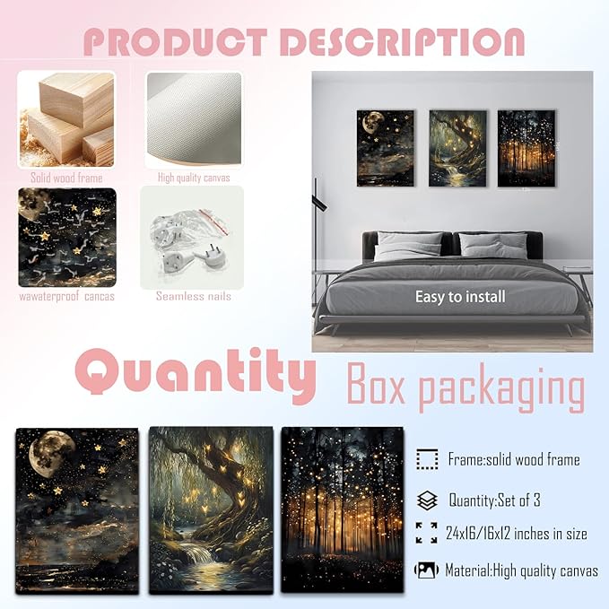 RYZopmuy Forest Wall Art Set – 3 Framed Moon & Fireflies Canvas Prints, Calming Nature-Inspired Décor for Modern Homes