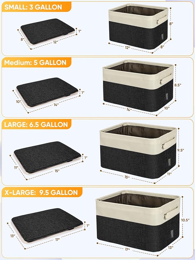 BALEINE 1 Pack Fabric Storage Bins for Shelves, Linen Storage Baskets for Organizing, Decorative Closet Bins for Clothes, Home (Black, 14''x10''x8.5'')