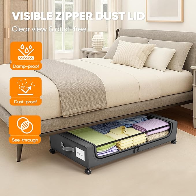Camkey® Under Bed Storage with 360° Wheels, 2-Pack, 60L Low-Profile Rolling Underbed Bins for Clothes, Shoes, Toys & Books — Easy Pull-Out, Dust Protection, Space-Saving Organizer for Bedroom/Dorm