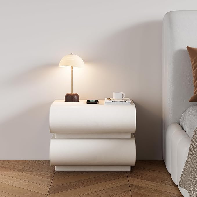 homary Smart Nightstand with Wireless Charging, USB & Type-C Ports – Modern Off White Faux Leather Nightstand with 2 Drawers, Bedside Table with Charging Station for Bedroom