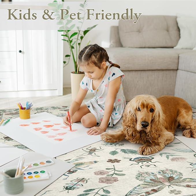 Lahome Insect Print Washable Area Rugs 5x7, Soft Rugs for Living Room Ultra-Thin Non-Shedding Modern Bedroom Rug, Stain Resistant Throw Rug Large Carpet for Dining Room Kids Nursery(5'x7',Beige)