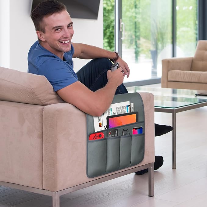 WETRBWEH TV Remote Control Holder Couch Caddy, Non-slip Bedside Caddy Organizer with 5 Pockets for Key Glasses Phone Magazine Holders (Gray, 35"x12.4")
