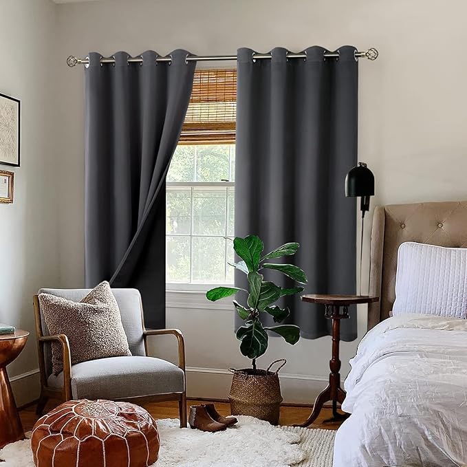 BGment Thermal Insulated 100% Blackout Curtains for Bedroom with Black Liner, Double Layer Full Room Darkening Noise Reducing Grommet Curtain (52 x 63 Inch, Dark Grey, 2 Panels)