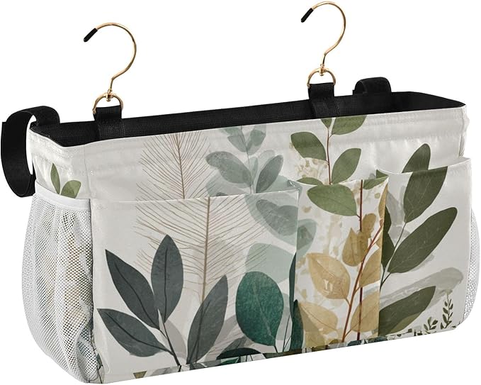 Bedside Caddy Hanging Bunk Bed Caddy Bed Organizer Hanging Pocket with 2 Hooks Bedside Storage Organizer Pocket Bag Holder Beige Boho Style Leaves