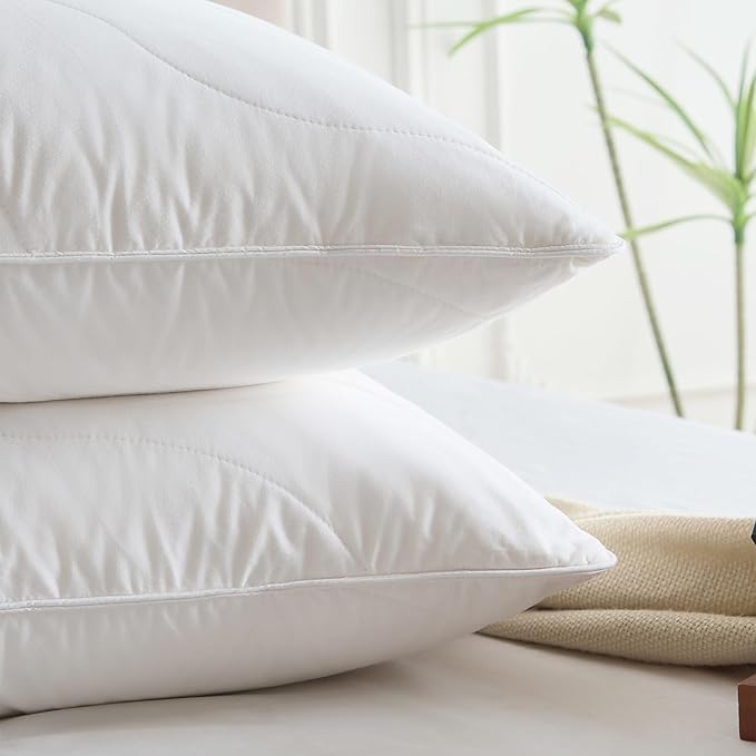 Three Geese White Goose Feather Down Pillows Standard Size, Cotton Pillows Set of 2-100% Cotton, Medium Firm,Soft Support