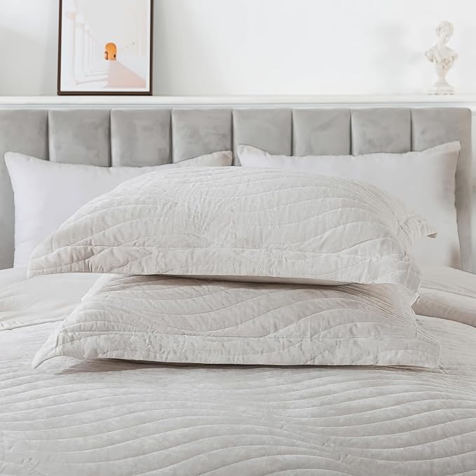 HoneiLife King Quilt Bedding Set - Velvet Quilt Sets 3-Pieces, Lightweight Bedspreads Solid Coverlets Retro Bed Cover Quilt King Size All Season Quilts, Nature White