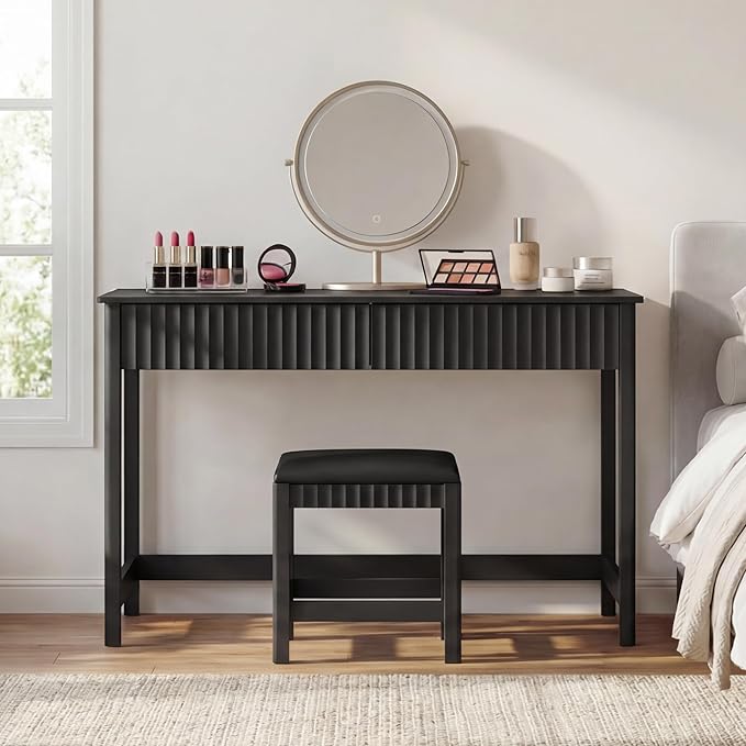 ChooChoo 47.2 Inch Modern Desk with Drawers, Makeup Vanity Desk with Padded Stool, Writing Computer Desk for Home Office & Bedroom, Black