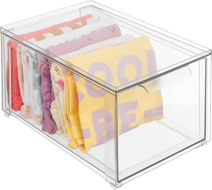 mDesign Plastic Closet Organizer Bin w/Pull Out Drawer - Stackable Storage for Closet - Organization for Shoes, Clothes, Bags, Totes, Small Linens, and More - Lumiere Collection - 2 Pack - Clear