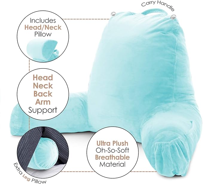 Nestl Reading Pillow with Shredded Memory Foam Includes 2 Neck and Lumber Support Pillows, Designed for Sitting Up in Bed and Couch, Back and Arms Adjustable Support for Adult & Teens, Light Blue