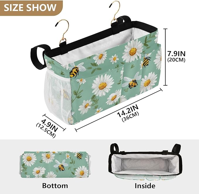 Bedside Caddy Hanging Bunk Bed Caddy Bed Organizer Hanging Pocket with 2 Hooks Bedside Storage Organizer Pocket Bag Holder Mint Green Daisy Flowers and Bees