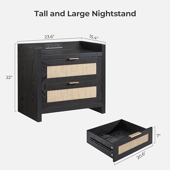 SICOTAS Night Stand Bedside Table - Rattan Nightstand End Table with Type-C Charging Station, 2 Drawers Storage Boho Night Stands for Bedroom - Black Oak