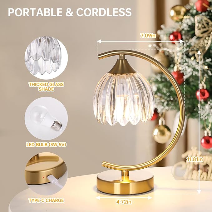 Tulip Table Lamp with 5200mAh Battery & Touch Control, Cordless Lamp with 3 Color Temperatures Clear Bulb, Rechargeable Small Table Lamps for Living Room, Bedside, Desk (Transparent Tulip)