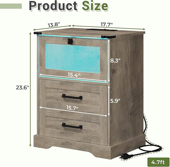 Hasuit Farmhouse Night Stand with LED Lights and Charging Station, Rustic Oak Nightstand with 2 Drawers, and Cubby with Wire Mesh Door, Bedside End Table for Bedroom