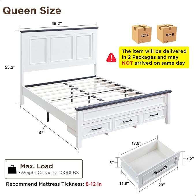 ACCOHOHO Farmhouse Queen Size Bed Frame with 52" Tall Headboard, Wood Platform Bedframe with Footboard and Storage Drawers, No Squeak, No Box Spring Needed, Off White