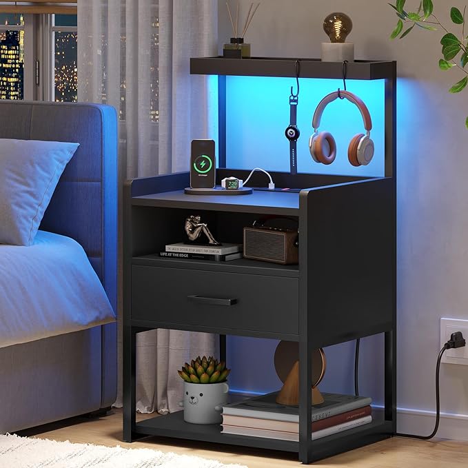 VIAGDO Night Stand Set 2 with Charging Station and LED Lights, Black Night Stand with Drawer, Modern End Side Table with Open Storage Shelves, Bedside Tables for Bedroom, Office
