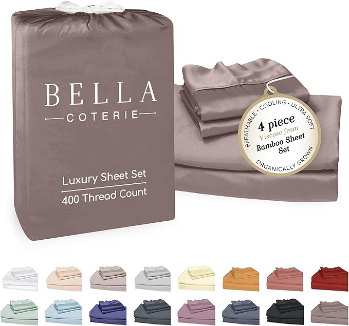 Bella Coterie Luxury Bamboo Viscose Cal King Size Sheet Set | 100% Organically Grown | Ultra Soft | Cooling for Hot Sleepers | 18" Deep Pocket [Mocha]