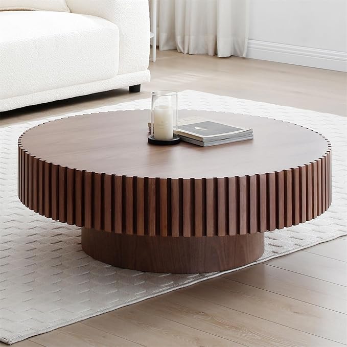 LKTART Round Coffee Table for Living Room, Accent Fluted Drum Coffee Table with Storage, Modern Solid Wood Circle Center Tea Table for Small Space Apartment (31.5''D×14''H-Walnut)