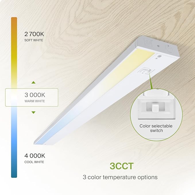 ASD 24 Inch LED Under Cabinet Lighting Plug in or Hardwired, High/Low/Off Switch, 12W 120V 3 CCT 2700K/3000K/4000K CRI90+, Triac Dimmable Linkable Under Counter Lights for Kitchen, ETL Listed, White