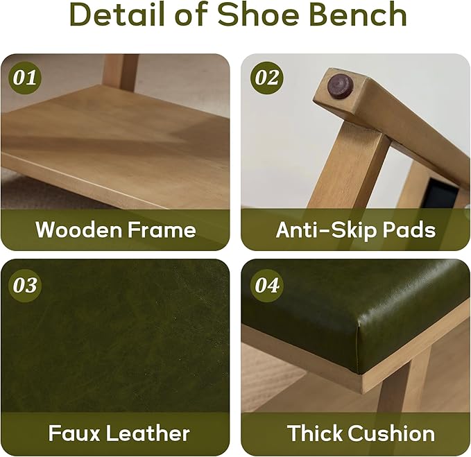 45" Entryway Bench Upholstered Storage Bench for Bedroom Shoe Rack Bench for Living Room, Hallway, Mudroom, Balcony, Sturdy Indoor Bench Seat Holds Up to 300 lbs (PU-Green)