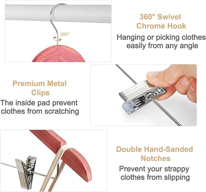 TOPIA HANGER American Red Cedar Wooden Hangers with Adjustable Metal Clips and 360° Swivel Hook, Premium Wood Clothes Hangers 10 Pack for Suit, Pant, Skirt, Jeans, Coat, Jacket-CT28C