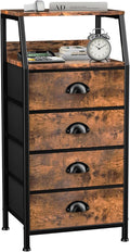 Dresser with 4 Drawers, Fabric Storage Tower for Bedroom, Tall Clothes Storage Drawers, Vertical Closet Organizer for Kids Room, Entryway, Nightstand Bedside Table, Sturdy Steel Frame & Wooden Top