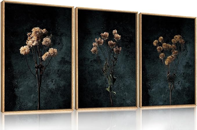 LHIUEM Dark Moody Wildflowers Framed Canvas Wall Art Set,Minimalist Wildflower Wall Decor,Vintage Black Flower Botanical Painting, Aesthetic Floral Artwork for Living Room,Bedroom,Office-24''x36''x3