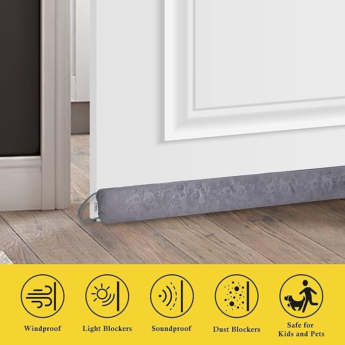 fowong Door Draft Stopper 38 Inch Weighted Under Door Draft Blocker Soundproofing Guard Wind Blocker with Hook Tapes for Easy Install, Grey
