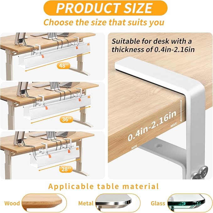 No Drill Under Desk Cable Management Tray, 28" Cord Organizer with Clamp, Fabric Cable Management for Standing Desks, Ideal for Home & Office - White