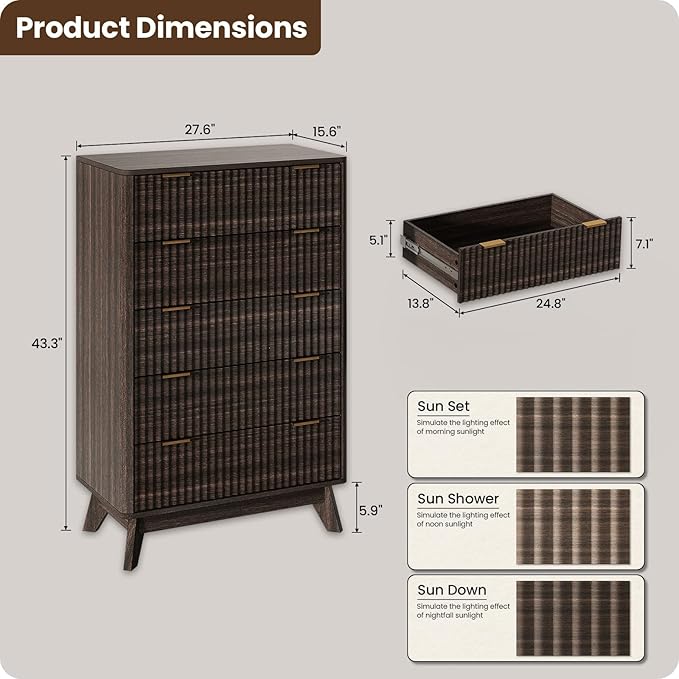 43'' Hight 5 Drawers Dresser for Bedroom,Modern Fluted Vertical Chest with Rounded Corners,Fluted Dresser for Living Room,Hallway, Walnut