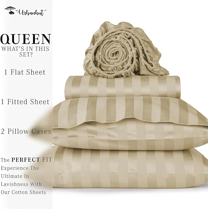 URBANHUT 800 Thread Count 100% Cotton Damask Queen Size Sheets, 4 Piece Striped Queen Size Bedsheets, Luxury Hotel Sheets Sateen Weave - Better Than Egyptian, 16" Elasticized Deep Pocket- Sand