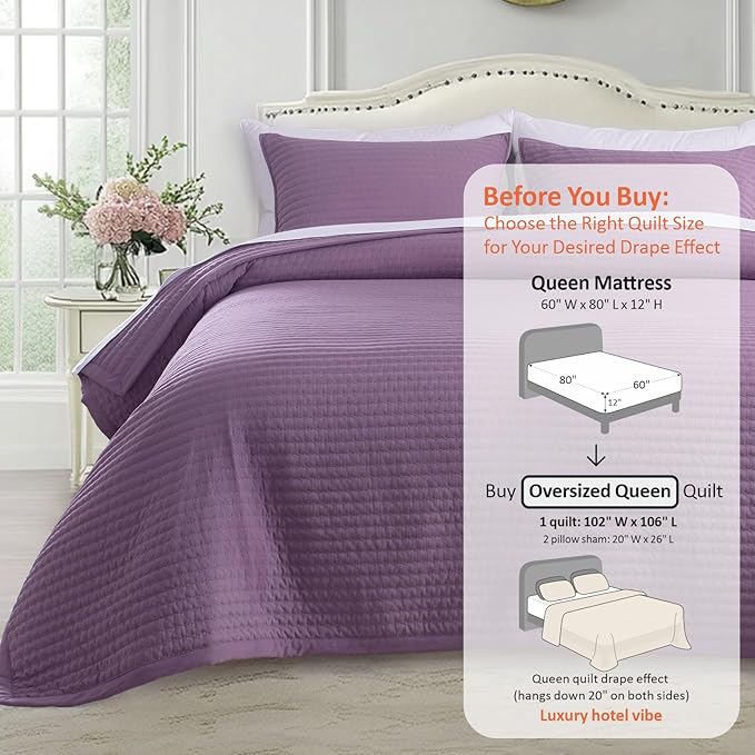 KASENTEX Oversized Queen Quilt Set 102"x106" – Soft Washed 3-Layer Lightweight Bedspread, Minimalist Nordic Design, All-Season Spring & Summer Quilt Set (1 Quilt + 2 Pillow Shams),Grape Jam Purple