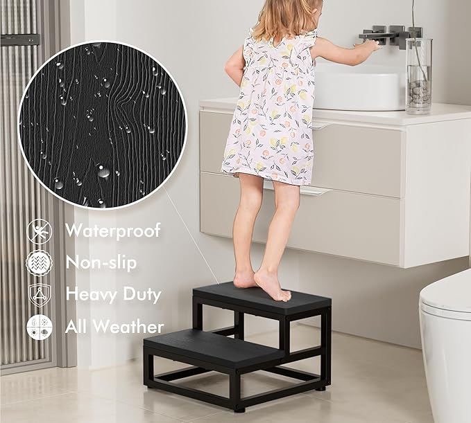 Two-Step Stool for Adults & Kids, Waterproof HDPE Bed Step with Adjustable Non-Slip Feet, Sturdy Metal Frame for Kitchen, Bathroom, Bedroom, RV & Outdoor Use, Black