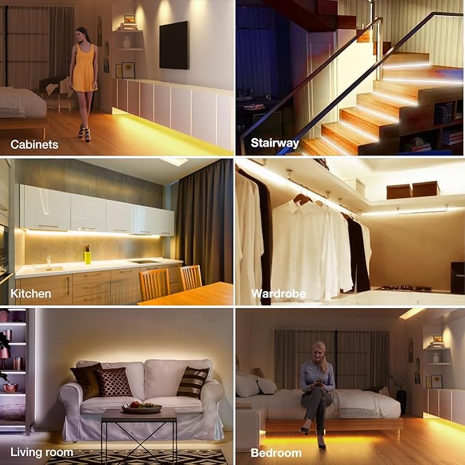Sensky 19.7ft/6m Motion Activated LED Strip Light Kit Flexible LED Strip Motion Sensor for Bedroom, Gun Safe, Under Cabinet, Under Bed, Pantry, Kitchen, Stairway, Closet(Warm White 3000-3500K)
