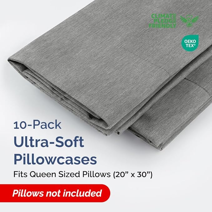 Queen Pillow Cases Set of 10 - Ultra Soft Hotel Quality Pillowcase Covers - Comfy & Wrinkle Free - Shrink, Stain and Fade Resistant - Machine Washable Pillow Protectors - 10 Piece Set - Heathered Grey