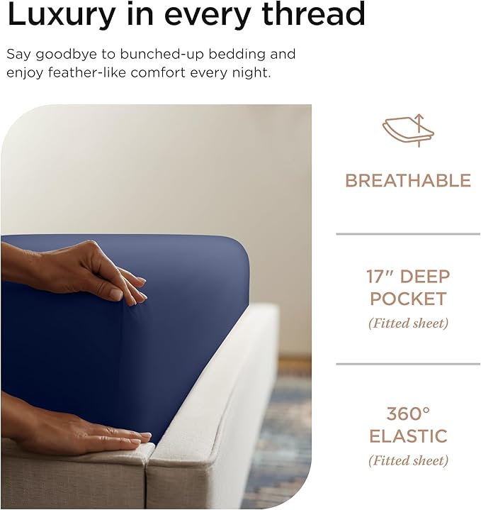 Threadmill Luxury Full Size Sheets for Full Size Mattress, 1200 Thread Count Supima Cotton Sheet, 5-Star Hotel Quality 4 Piece Bed Sheets with Extra Deep Pocket, Folkstone Blue