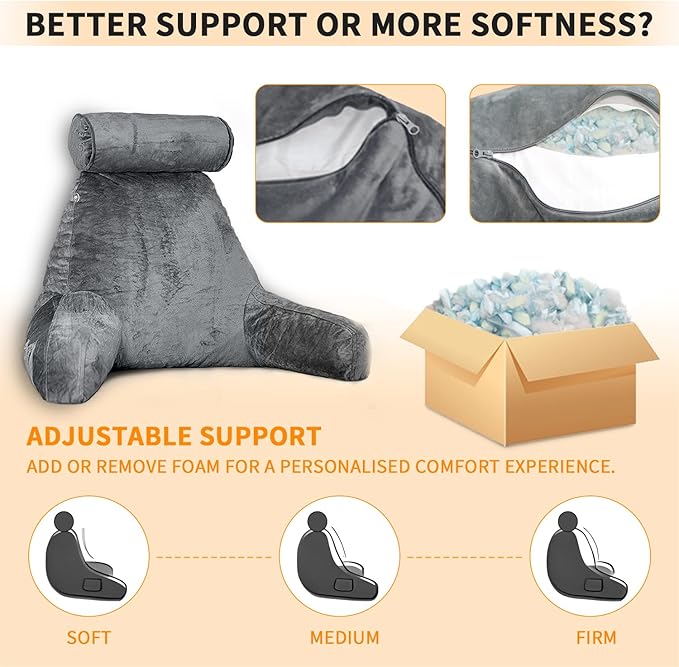 mittaGonG Reading Pillow for Sitting in Bed with Detachable Neck Roll & Big Bed Backrest Pillow Back Support Pillow Chair Pillow with Washable Cover for Adult with Arms and Side Pocket Shredded Foam