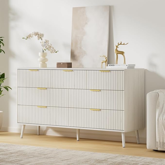 LYNSOM Fluted Dresser and Nightstand Sets 3 Piece, 7-Drawers Dresser and 1-Drawer Nightstands Set of 2, Wood Bedroom Furniture Set for Home, Bedroom, Hallway, White