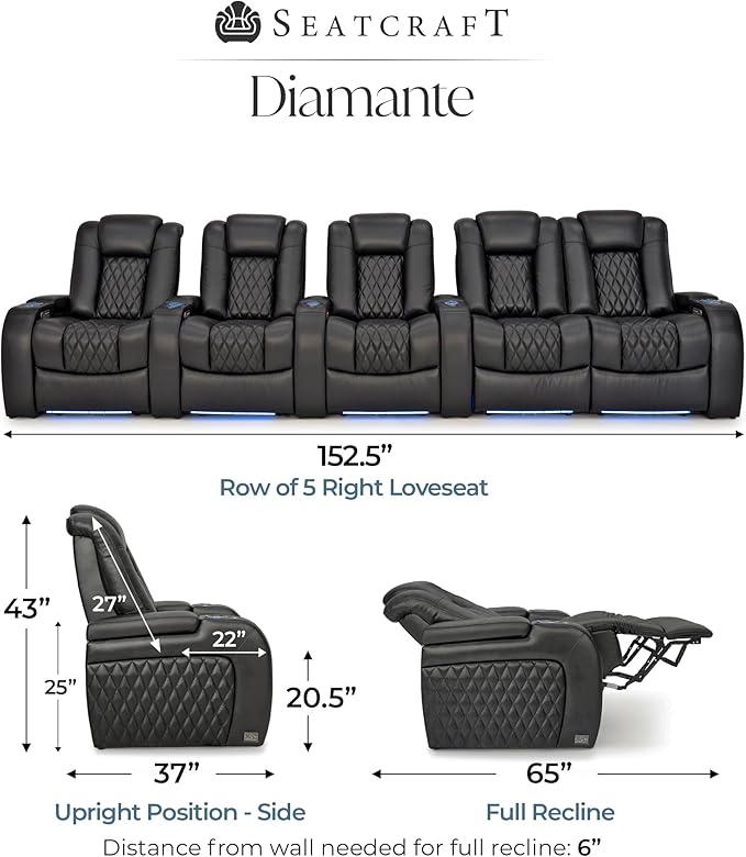 Seatcraft Diamante Zero-Gravity CoolZero Italian Leather Home Theater Seating, Power Headrest, Power Recline, Row of 5 Right Loveseat, Black