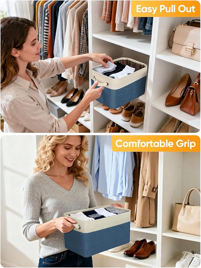 BALEINE 1 Pack Fabric Storage Bins for Shelves, Linen Storage Baskets for Organizing, Decorative Closet Bins for Clothes, Home (Navy Blue, 17''x13''x10.5'')